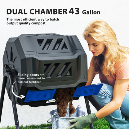 Outsunny 160L 360\'c2\'b0 Rotating Dual Chamber Composter - Blue