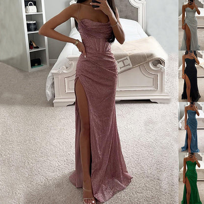 Women's V-Neck Split Maxi Dress - Elegant Sleeveless Evening Party Gown