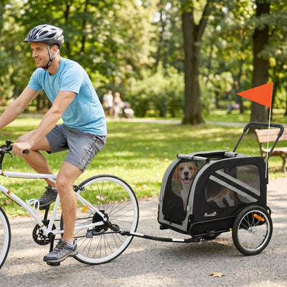 PawHut 2-In-1 Pet Bike Trailer Dog Stroller Pushchair with Universal Wheel Reflector Flag Grey
