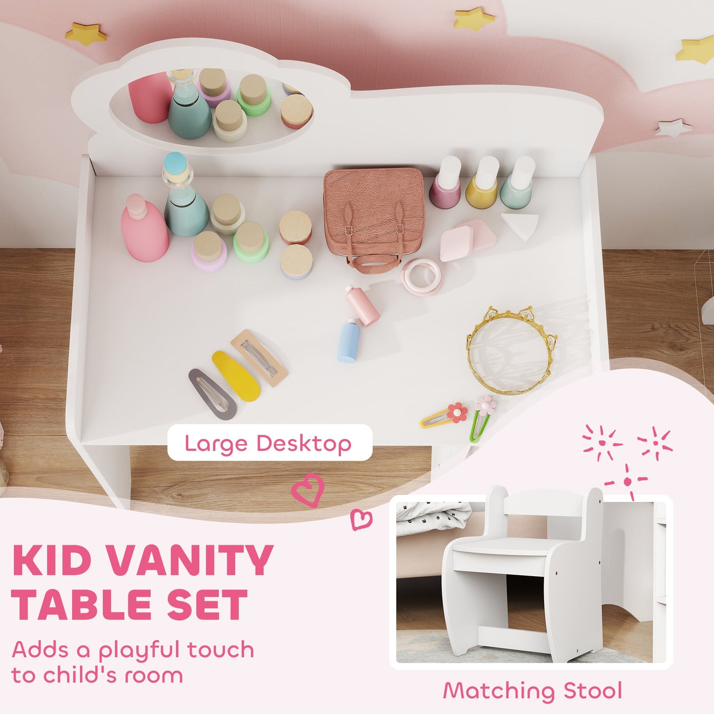 AIYAPLAY Kids Dressing Table with Mirror, Stool, Kids Vanity Table with Shelves, for Ages 3-8 Years, White