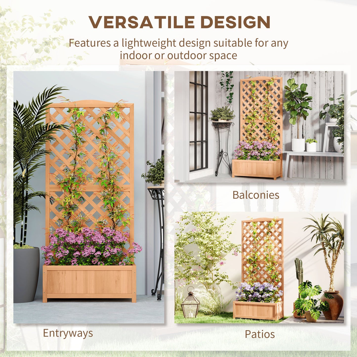 Outsunny Wooden Planter with Trellis, Freestanding Raised Bed for Garden with Lattice, Outdoor Planter Box for Climbing Plants, Vines, Flowers, 76 x 36 x 170 cm, Natural