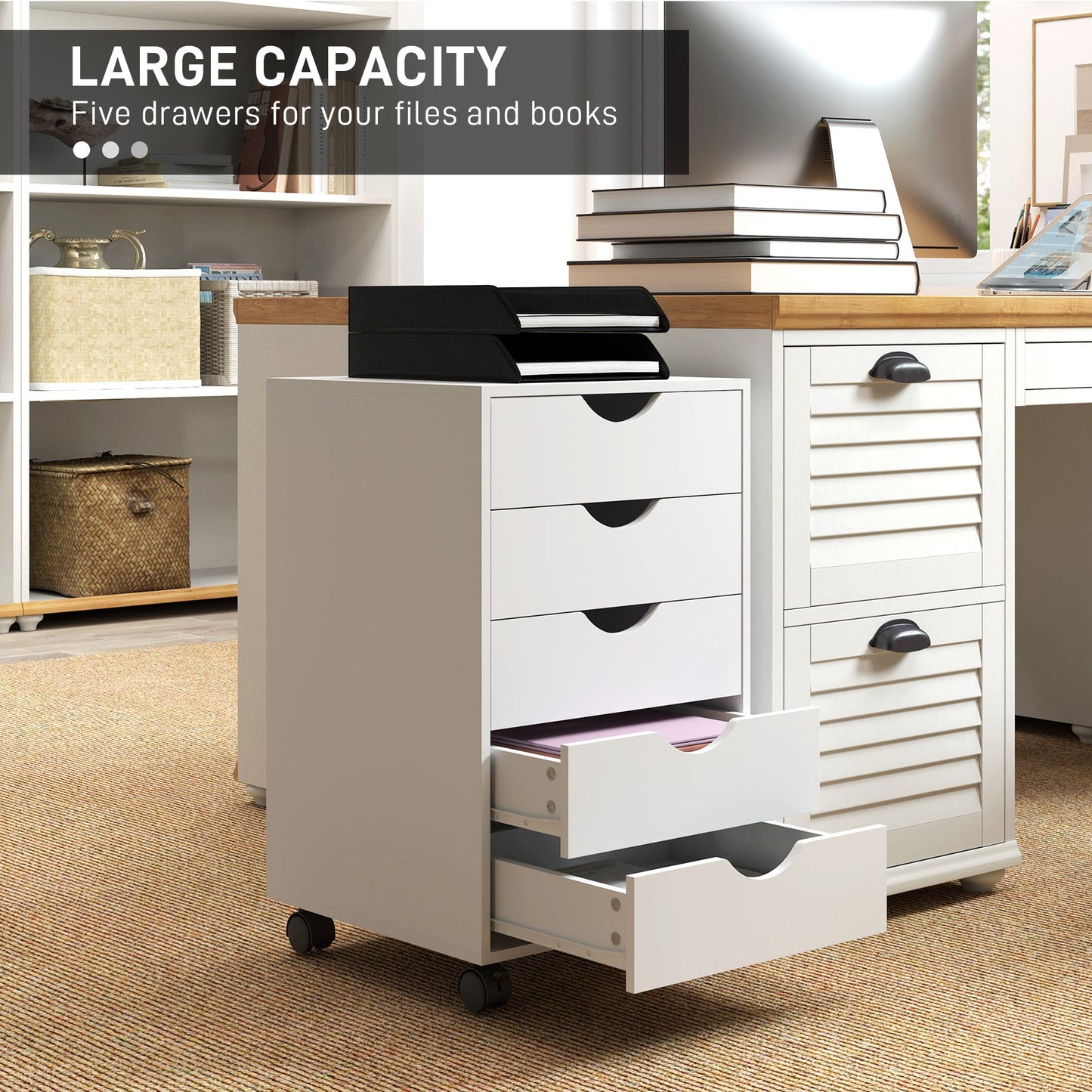 HOMCOM 5 Drawer Mobile Filing Cabinet, Vertical File Cabinet, Modern Rolling Office Storage Organizer Cupboard, White