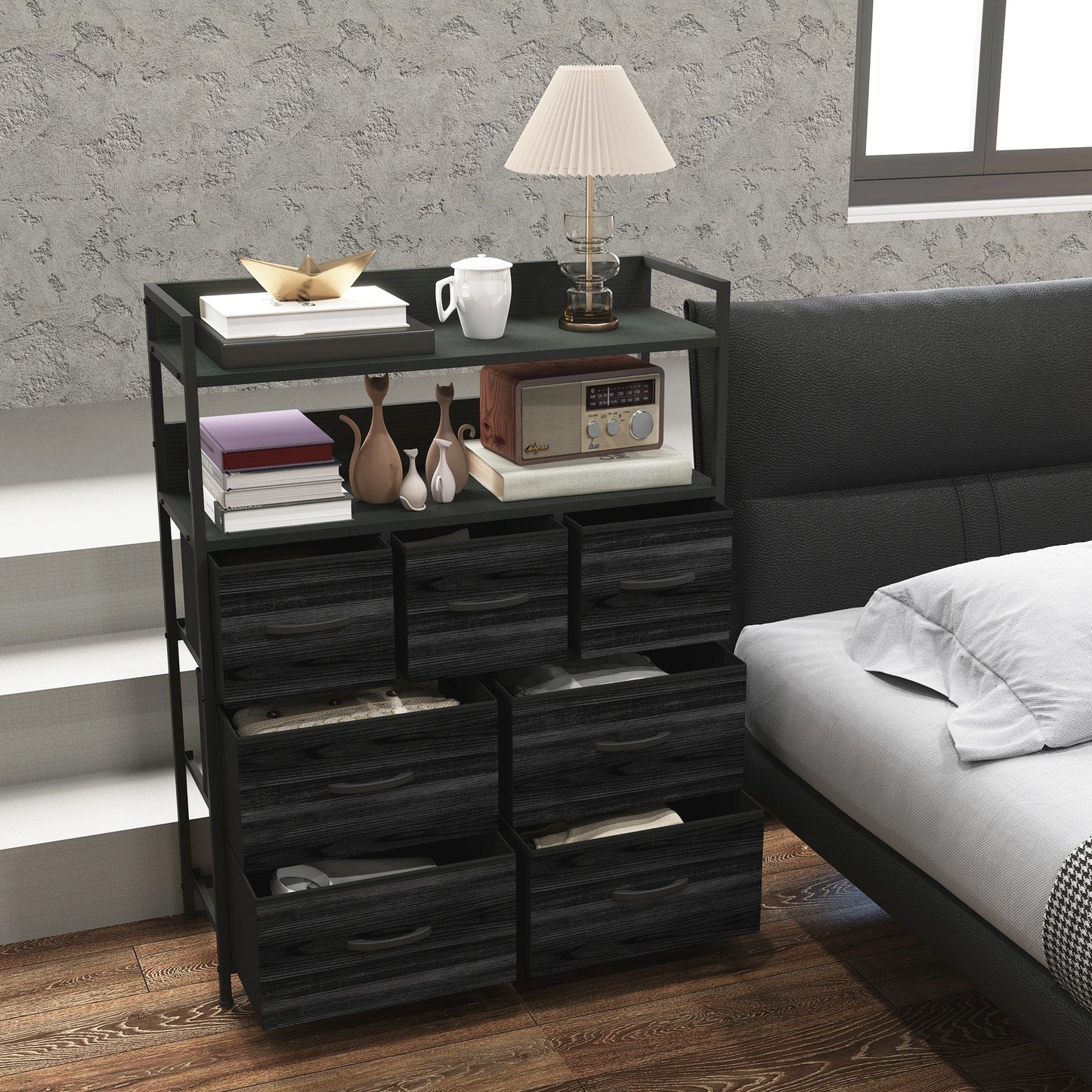 HOMCOM Rustic Chest of Seven Fabric Drawers - Black