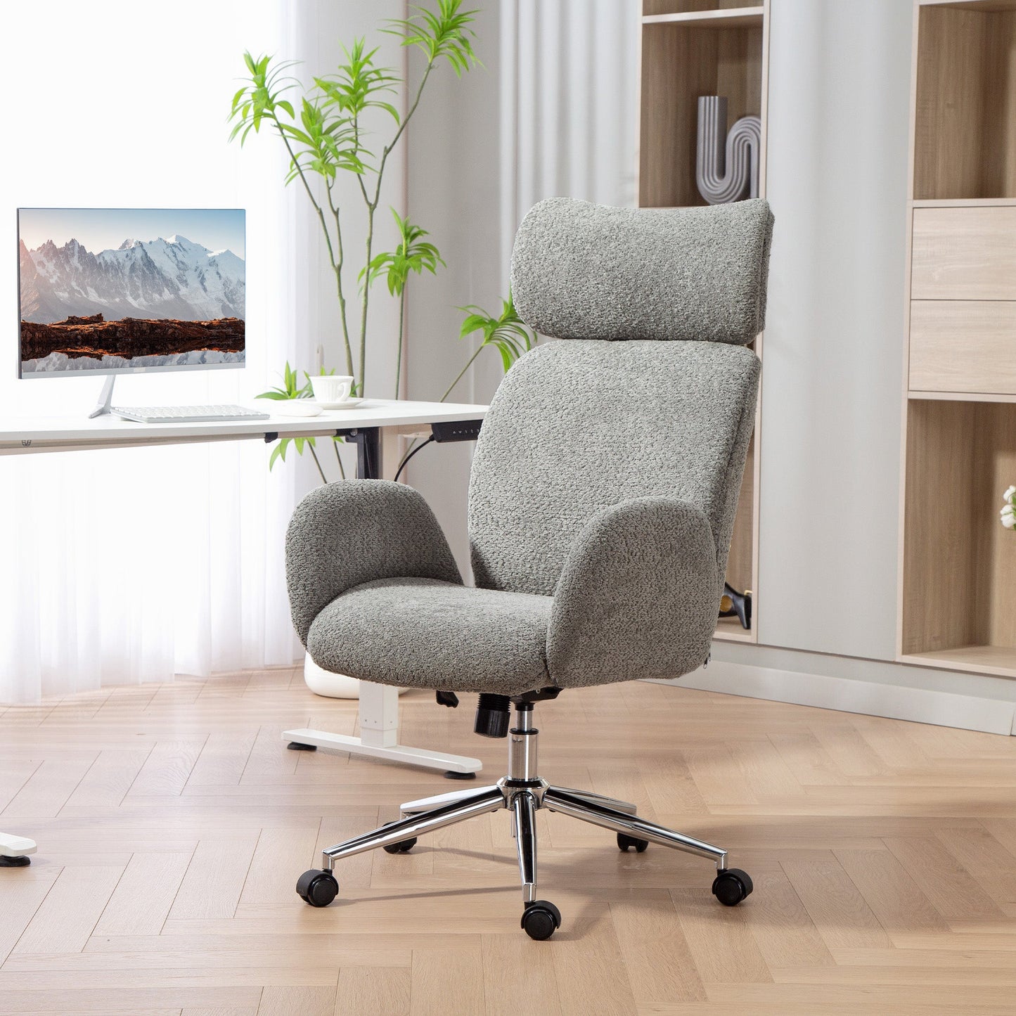HOMCOM Office Chair with Adjustable Headrest, Spring Pack, Curved Line, Boucle Fabric - Charcoal Grey