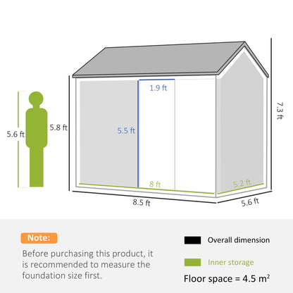 Outsunny 8 x 6 ft Galvanised Garden Shed, Outsoor Metal Storage Shed with Double Doors Window Air Vents for Patio, Lawn, Grey