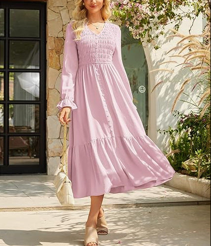 Women's Solid-Color Pleated V-Neck Flowy Casual Dress