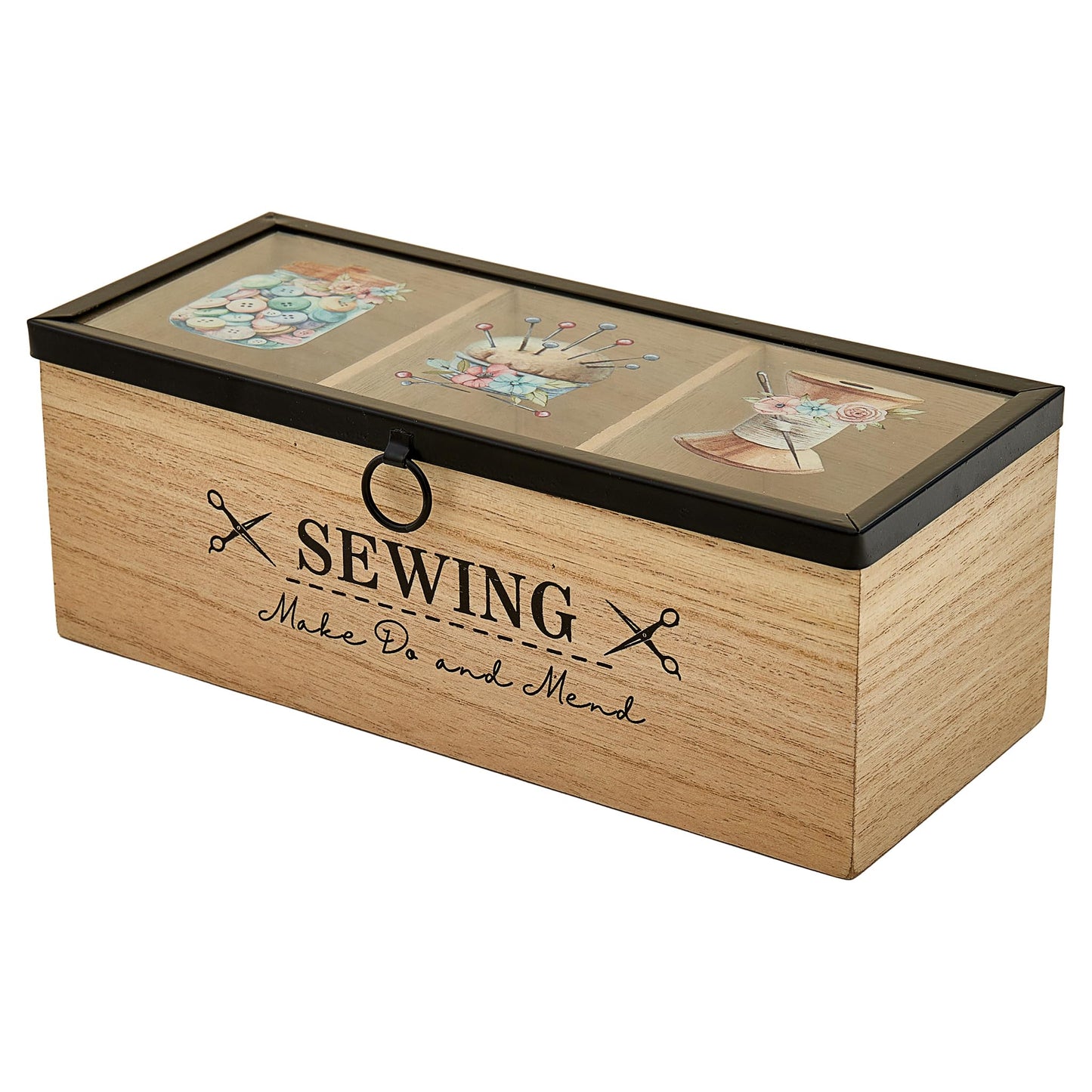 Trimits Wooden Sewing Box 24 x 10 x 9cm - Sewing Kit Box Craft Organiser with Clear Acrylic Lid and 3 Compartments