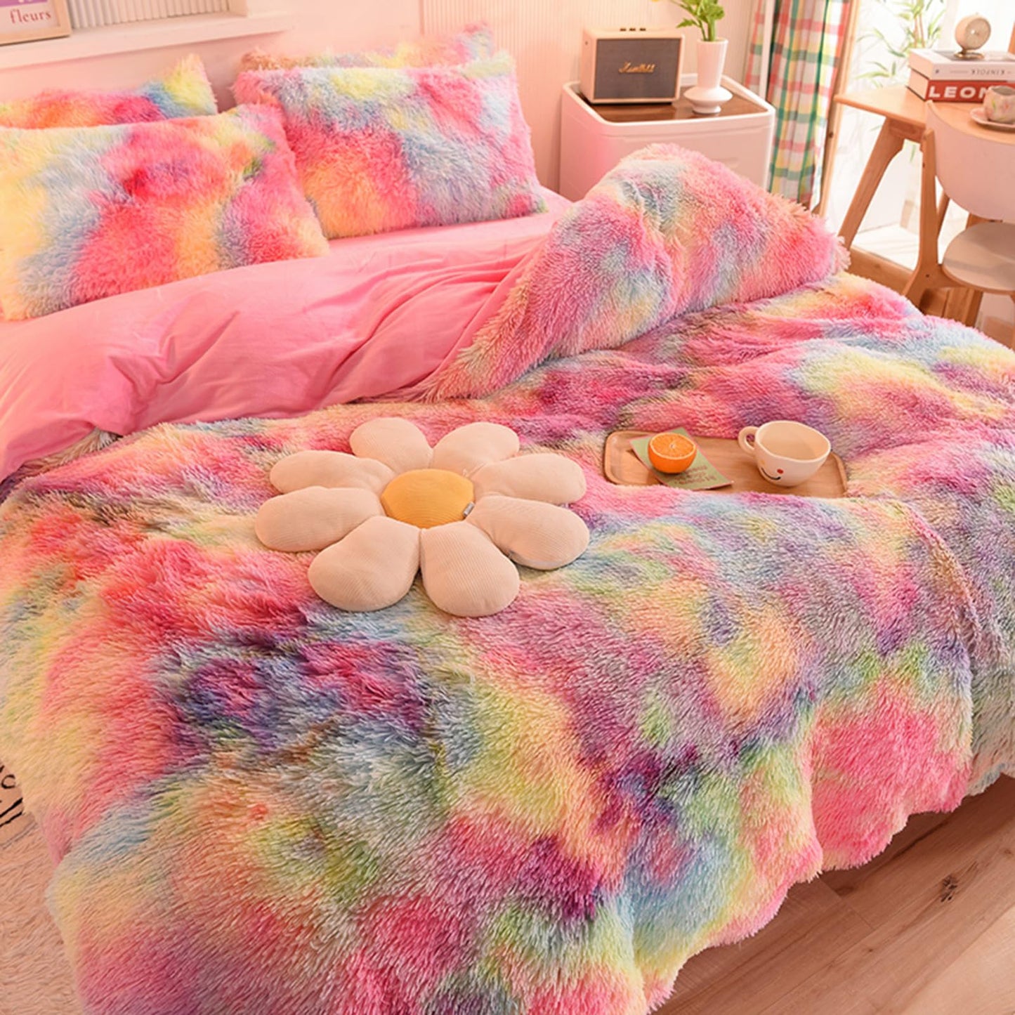 ZIQINPSQ Plush Shaggy Duvet Cover Set,Tie Dye Faux Fur Bedding Set for Teens Girls Soft Velvet Fluffy Fuzzy Comforter Cover Bed Set (Pink, Double)