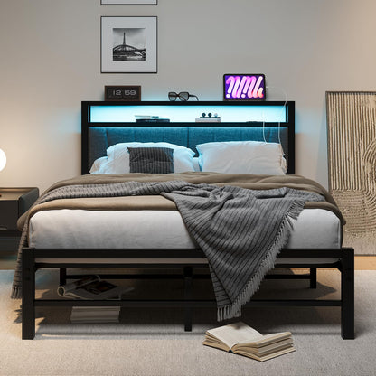 BORPHOM Double Bed Frame with Storage and LED Lights,4ft6 Metal Platform Bed Frame Double Size Bed Base with Charging Station,Mattress Base,Strong