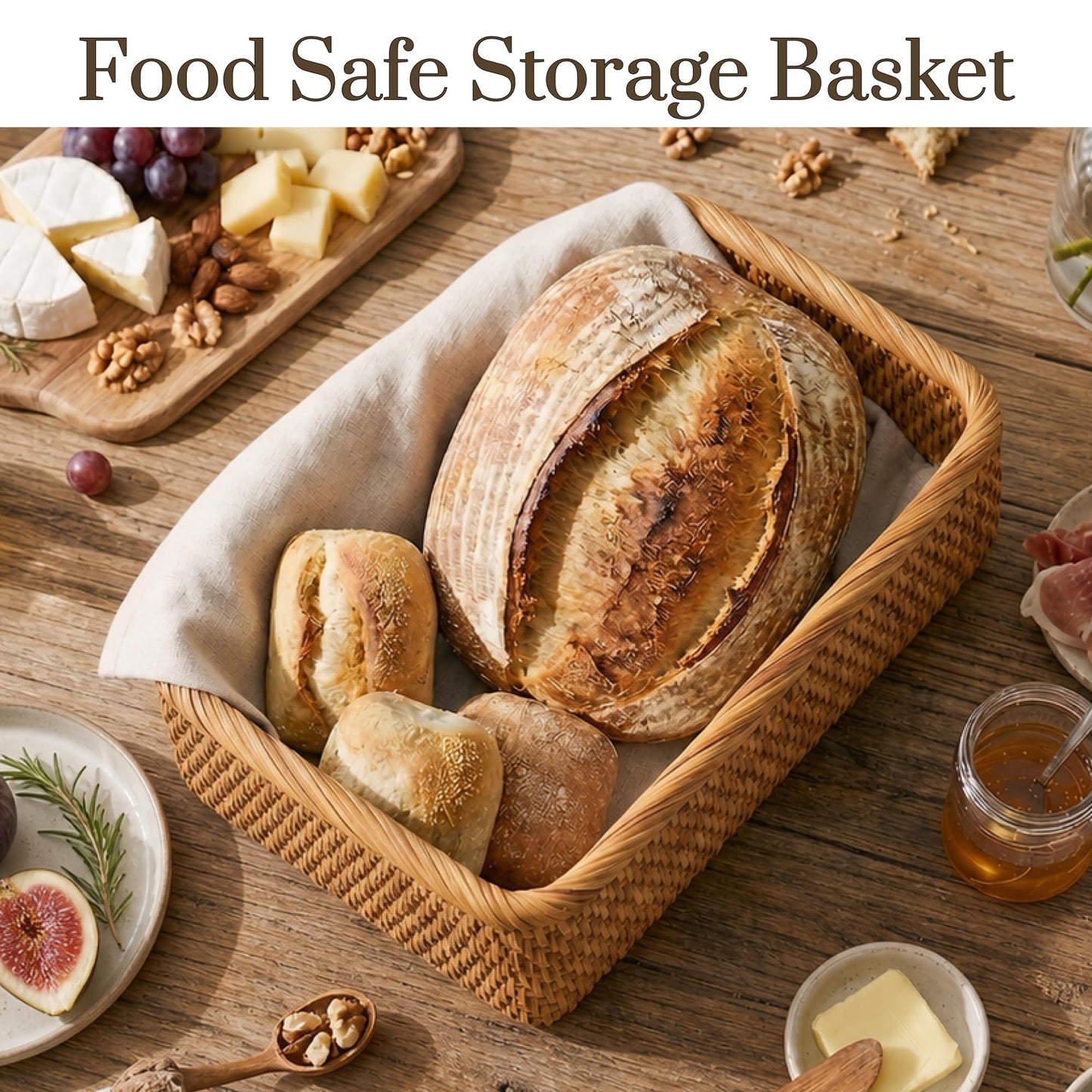 Wicker Storage Basket, Rectangular Rattan Fruit Baskets, Natural Woven Serving Basket and Organizer for Shelf (Set of 3)