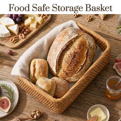 Wicker Storage Basket, Rectangular Rattan Fruit Baskets, Natural Woven Serving Basket and Organizer for Shelf (Set of 3)