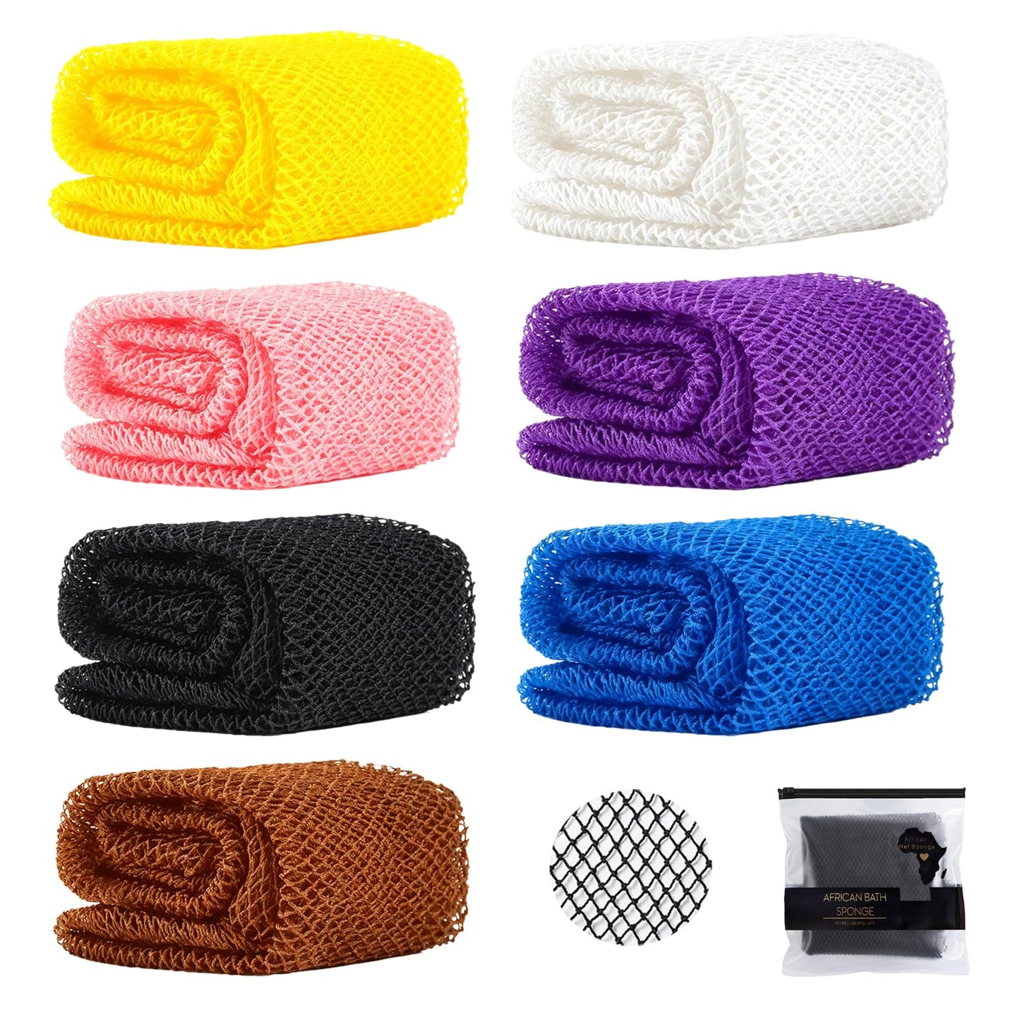 African Net Sponge Authentic, 7 Pcs African Net Sponge with Knots with Frosted Zipper Bag, Daily Use Bathing Accessories, Back Scrubber Washcloth for