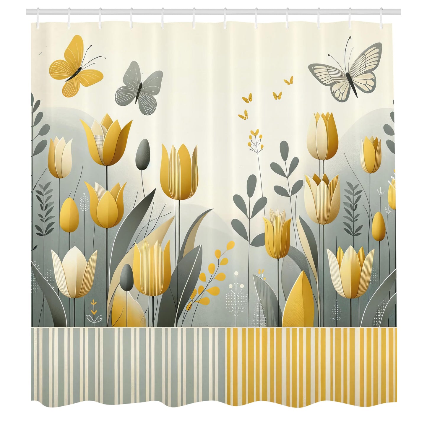 ABAKUHAUS Yellow Shower Curtain, Modern Scandi Garden Scene, Cloth Fabric Bathroom Decor Set with Hooks, 175 x 200 cm, Apricot Purple Blue Beige