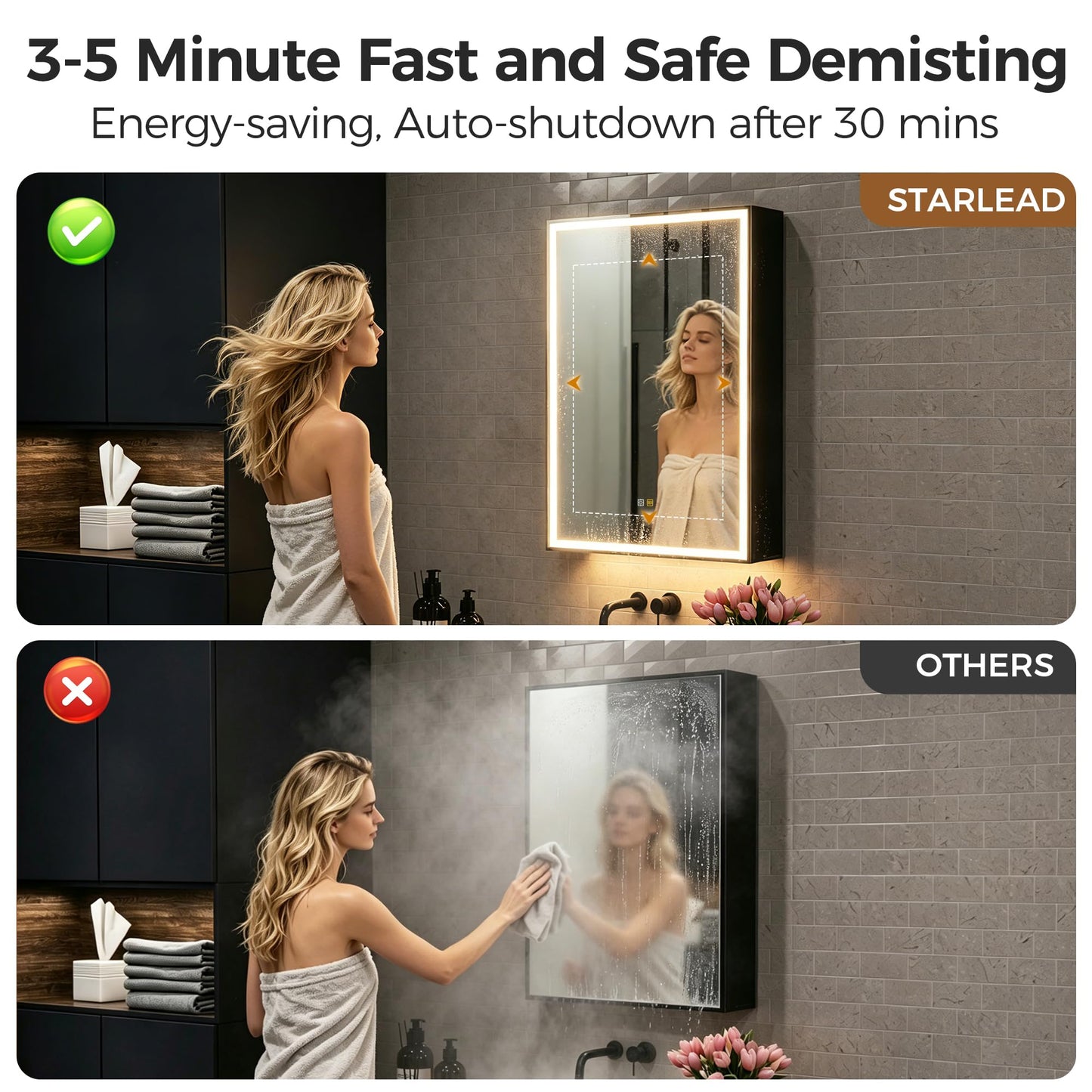 STARLEAD Illuminated-Bathroom-Mirror-Cabinets-with-Lights 500x700mm, Matte Black Aluminium Wall-Mounted-Storage with Adjustable Shelves