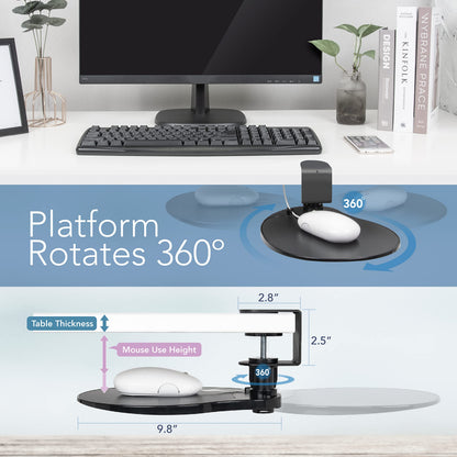 EHO Clamp on Mouse Platform, Clip on Pad Rotating 360 Degree, Ergonomic Mouse Tray Attachment, Mouse Pad, Slide Out Tray