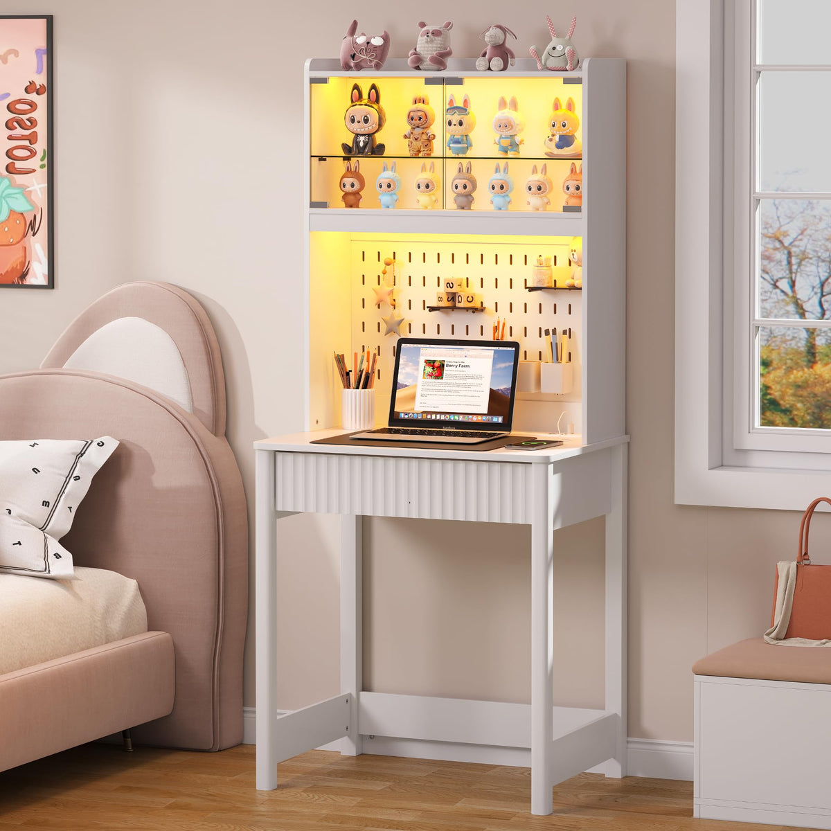 Small Computer Desk with Socket and Sliding Lamp for Home Office,White