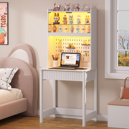 Small Computer Desk with Socket and Sliding Lamp for Home Office,White