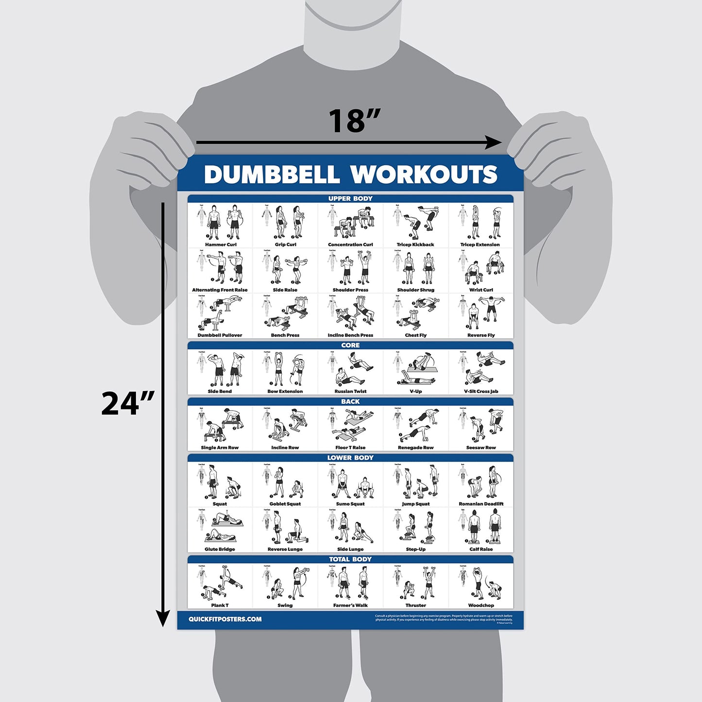 Palace Learning 16 Pack - Exercise Poster Set: Dumbbell, Suspension, Kettlebell, Resistance Bands, Medicine Ball, Battle Rope, Stretching, Bodyweight,