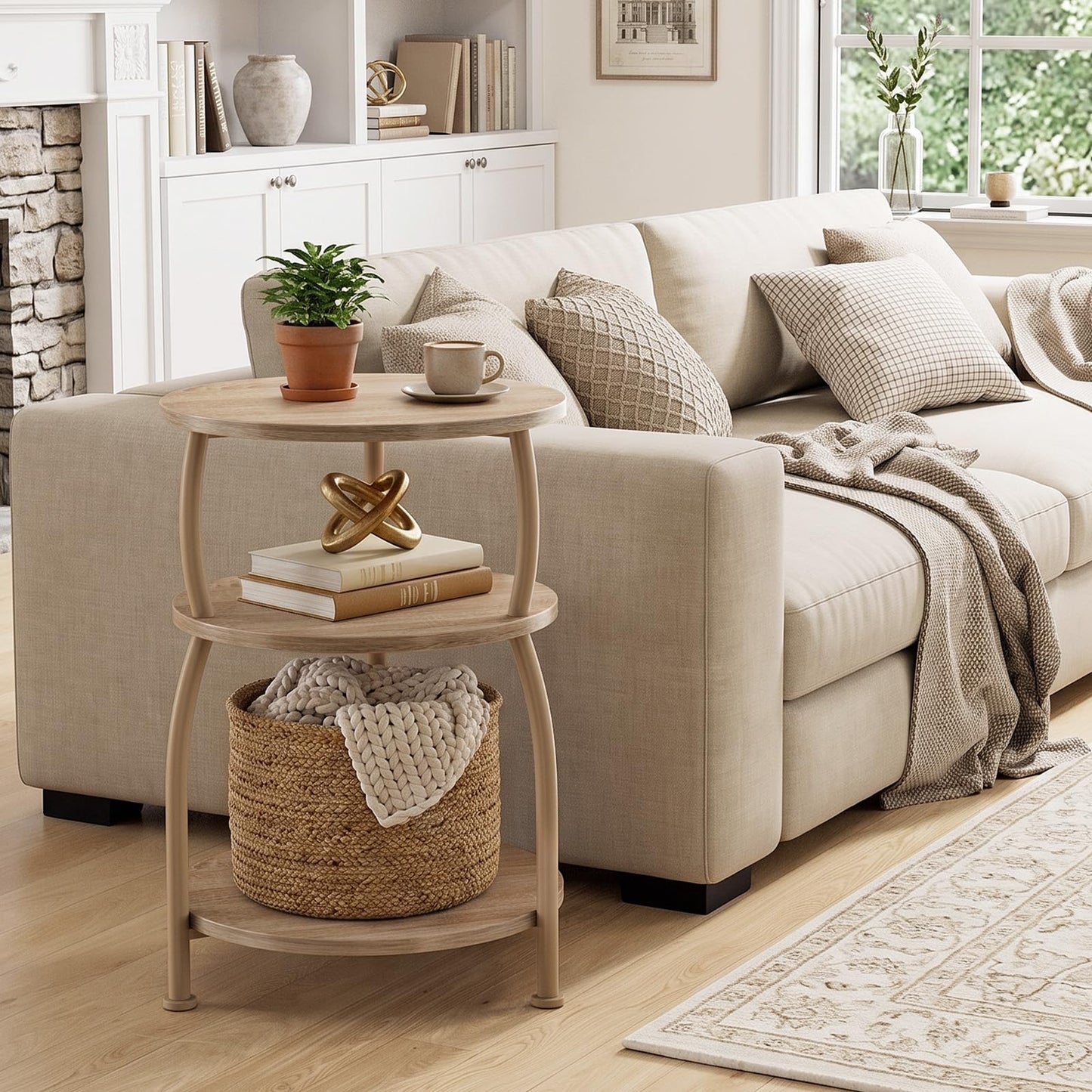 Yuede 3 Tier Side Table, Round Coffee Table, End Table with Storage Shelf, Bedside Table, for Living Room, Bedroom, Metal Frame, 40 x 61 cm, Oak Gray