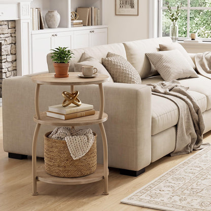 Yuede 3 Tier Side Table, Round Coffee Table, End Table with Storage Shelf, Bedside Table, for Living Room, Bedroom, Metal Frame, 40 x 61 cm, Oak Gray