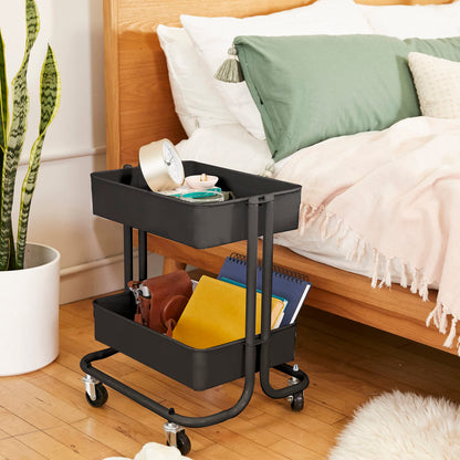 ECR4Kids 2-Tier Metal Rolling Utility Cart - Under Desk Office Storage, Multipurpose Mobile Organizer, Black