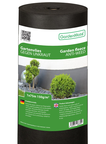 GardenMate 1m x 75m Roll non-woven weed control fabric - UV stabilised black 150gsm landscape ground cover membrane