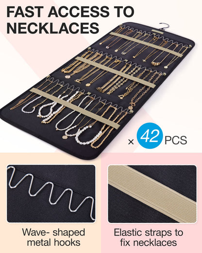 bagsmart Dual-sided Jewelry Organizer Hanging with Metal Hooks,32 Pockets and 3 Wave-Shaped Hooks,Jewelry Roll for Earrings,Necklaces,Rings on