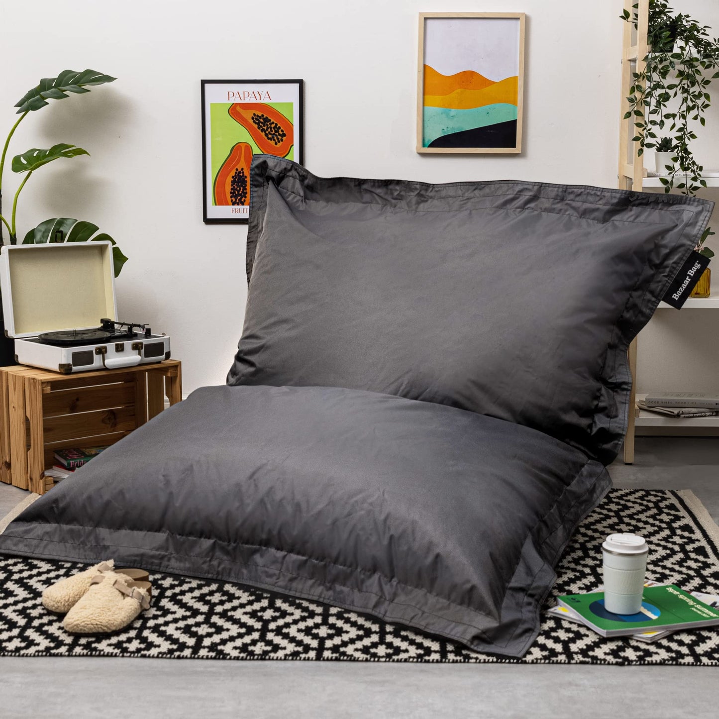 Bean Bag Bazaar Giant Bean Bag, Slate Grey, Water-Resistant Fabric, Large Outdoor Floor Cushion with Filling Included, 180cm x 140cm, Garden Chairs,