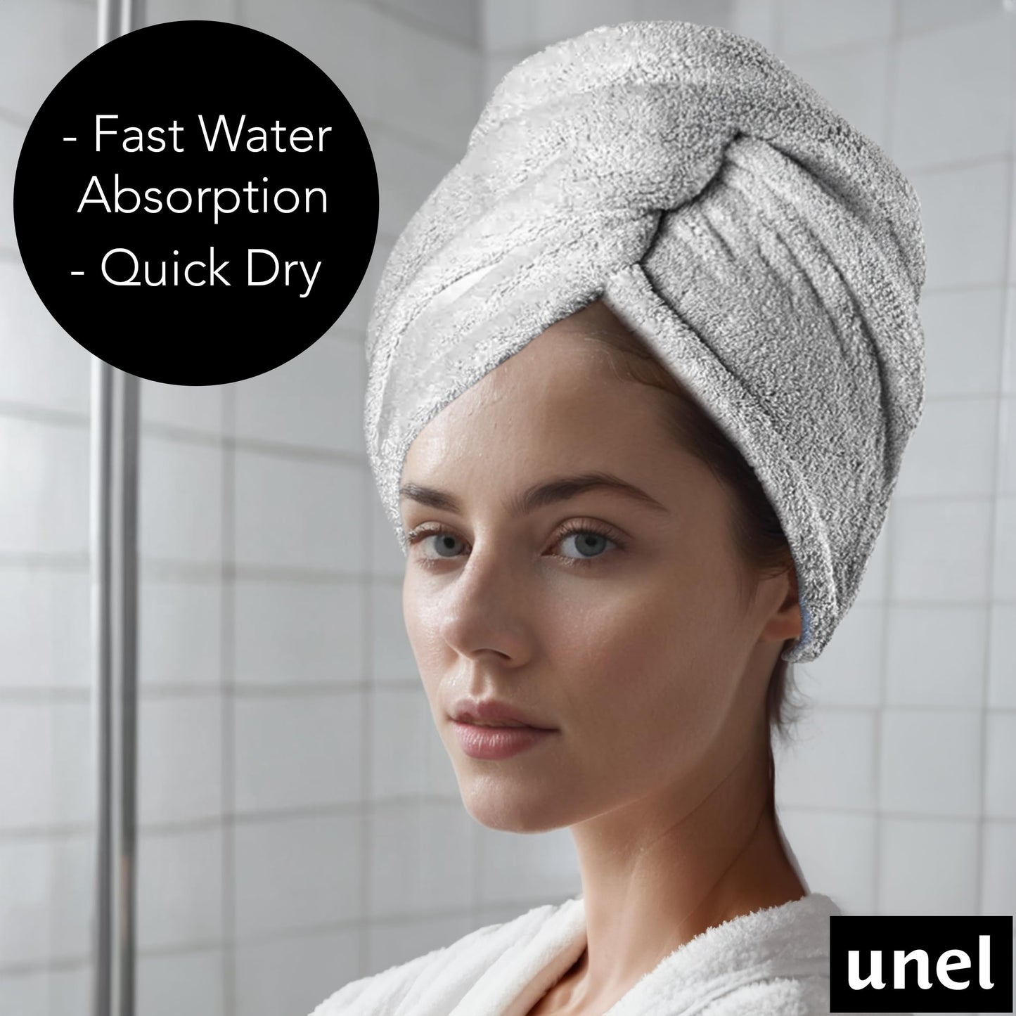 unel Microfiber Hair Towel, Fast Drying Soft and Anti Frizz Head Towel, Super Absorbent Turban Cap 65cm x 25cm (Grey, 1)