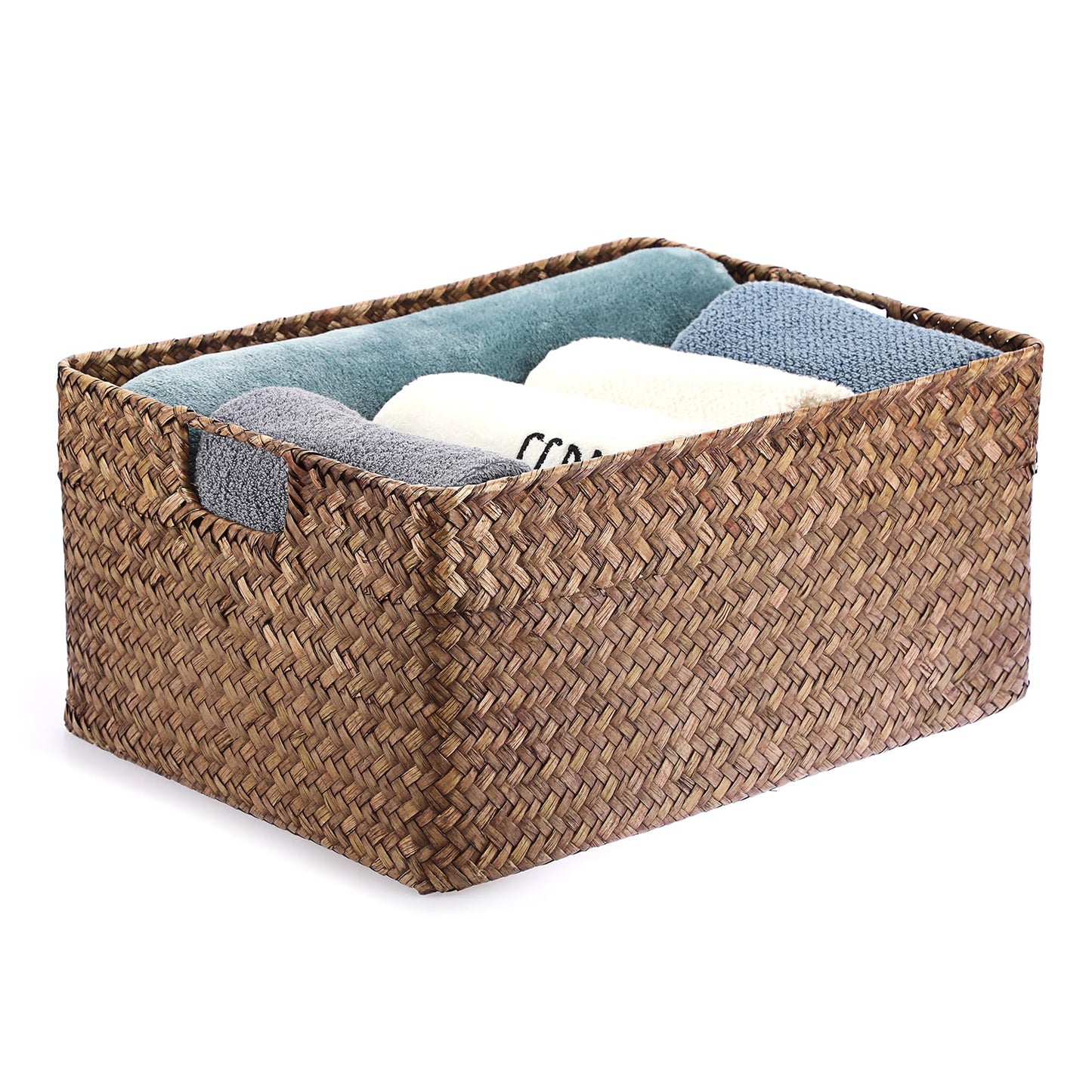 IGNPION Seagrass Storage Opened Basket Living Room Decorative Baskets Woven Wicker Towel Basket Rectangular Bathroom Storage Organiser Box