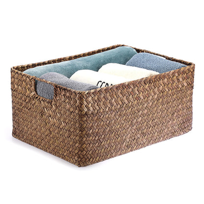 IGNPION Seagrass Storage Opened Basket Living Room Decorative Baskets Woven Wicker Towel Basket Rectangular Bathroom Storage Organiser Box