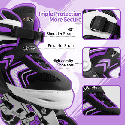 Adjustable Inline Skates for Girls, Girls Roller Skates with All Light up Wheels for Big Kids, Purple, Size 1 2 3