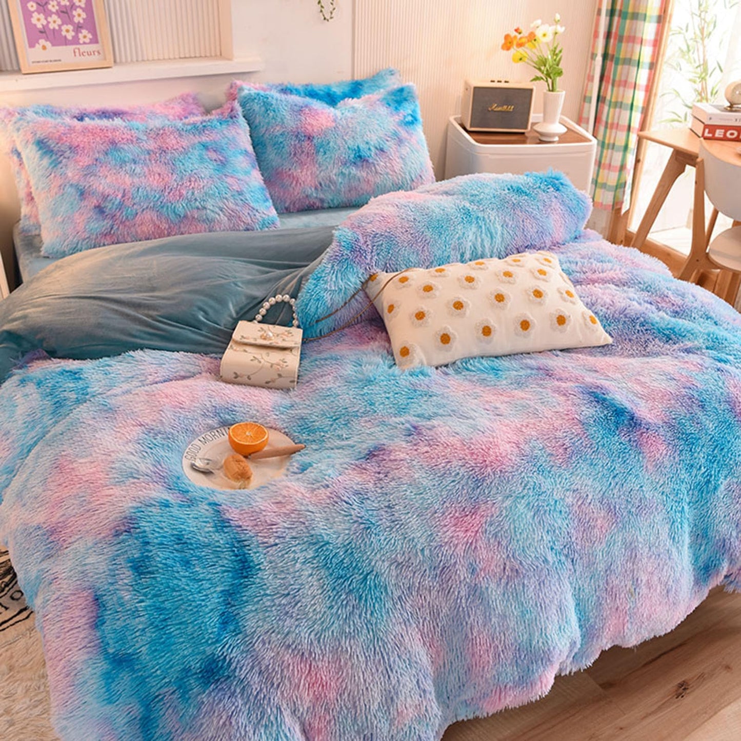 ZIQINPSQ Plush Shaggy Duvet Cover Set,Tie Dye Faux Fur Bedding Set for Teens Girls Soft Velvet Fluffy Fuzzy Comforter Cover Bed Set (Blue, Single)