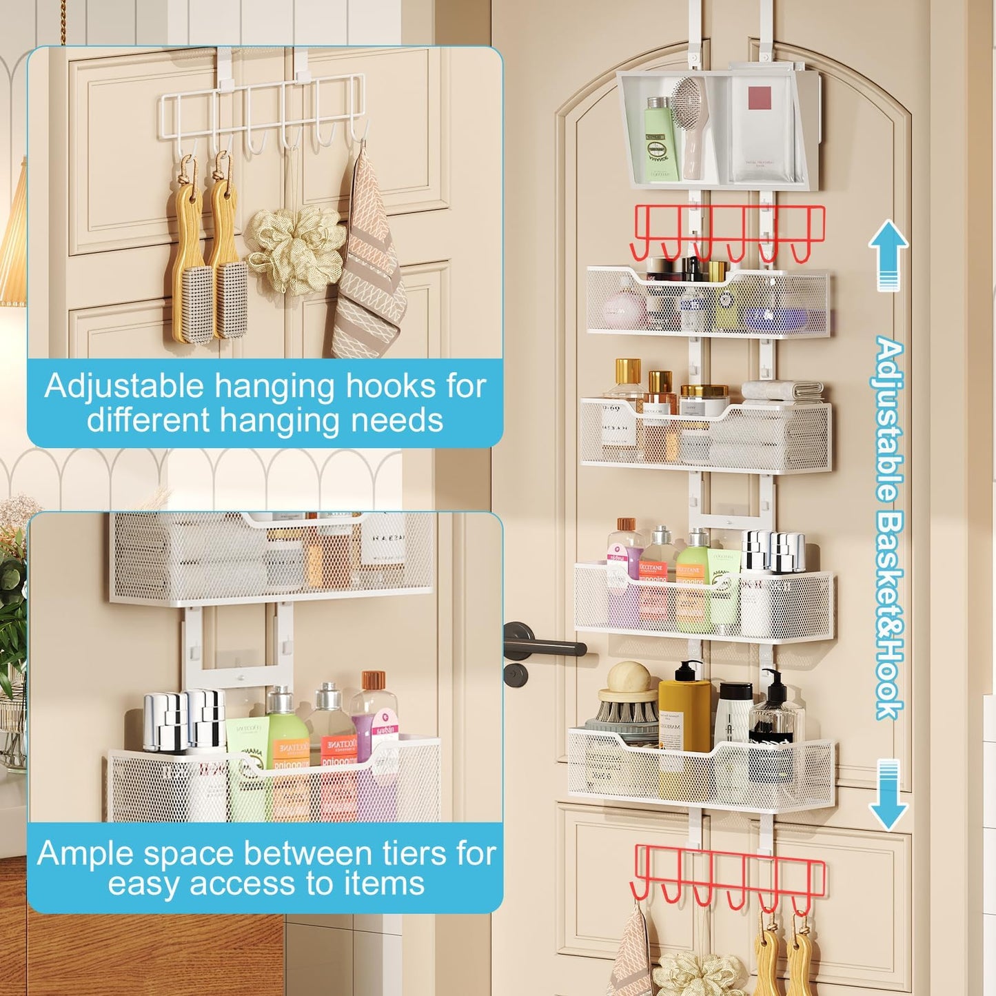 Hongtamoya Adjustable Over The Door Organizer, Hanging Door Storage with PVC Pocket and 4 Metal Baskets Wall Mount