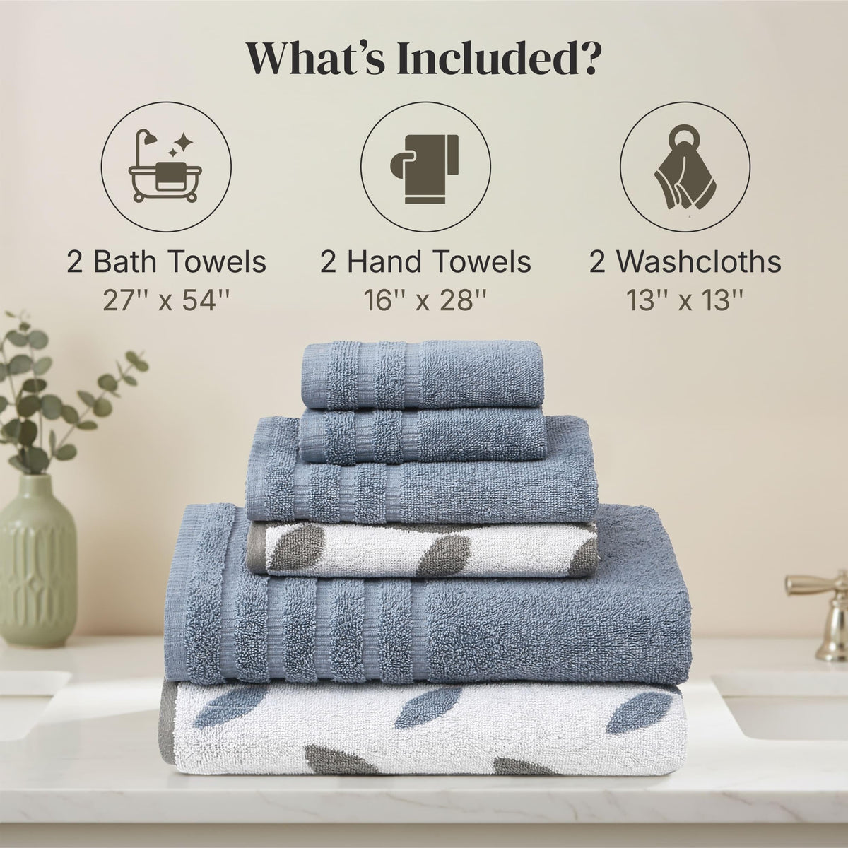 Pacific Coast Textiles 6 pc Yarn Dyed towel Organic Vines Cotton Blue,Single,40.6 x 25.4 x 12.7 cm