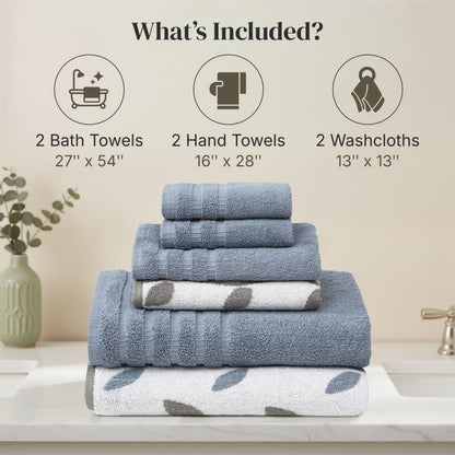 Pacific Coast Textiles 6 pc Yarn Dyed towel Organic Vines Cotton Blue,Single,40.6 x 25.4 x 12.7 cm