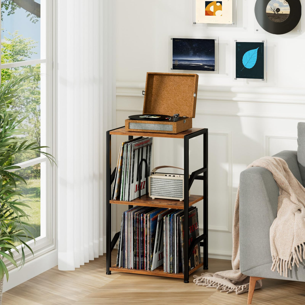 LOAKEKEL Record Player Stand, Vinyl Record Storage Hold Up to 200 Albums