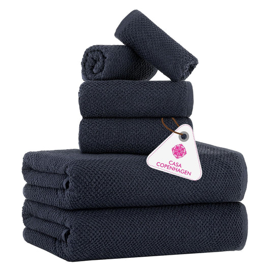 CASA COPENHAGEN Popcorn Textured 6 Piece Towel Set - Navy Blue, 550 g/m?, 2 Bath Towel, 2 Hand Towel, 2 Washcloth Towels Cotton Rough and Tough Use