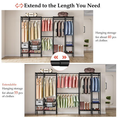 KZOBYD Extendable Clothes Rails with Pull-out Baskets, Length 98-115 inch