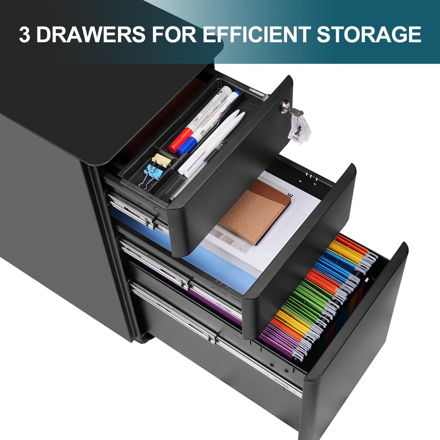 LVSTEEL Lockable 3-Drawer Metal Filing Cabinet on Wheels, Fully Assembled Mobile Office Storage for A4/Letter/Legal