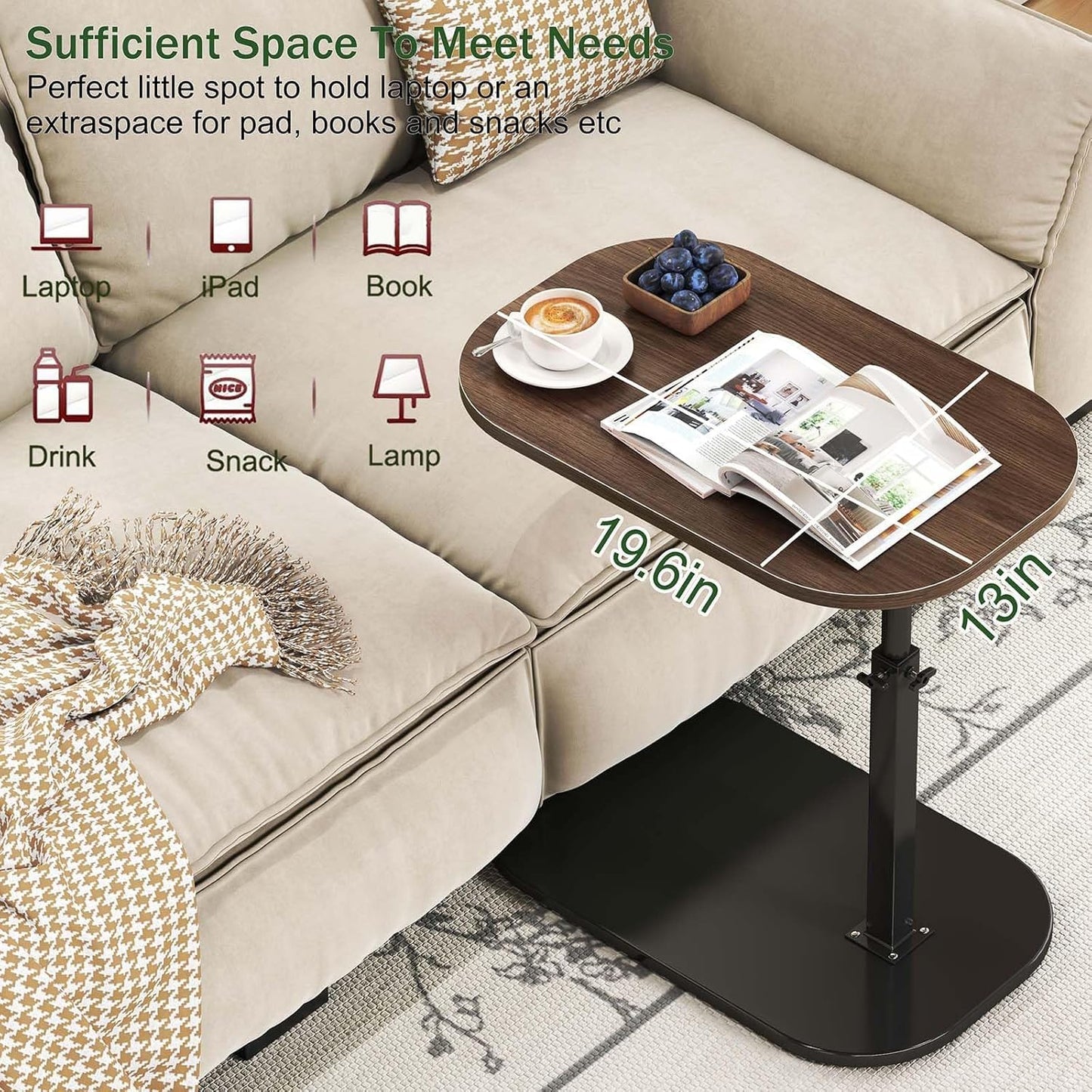 Kiss Me C Shaped Side Table 360° Swivel TV Tray Laptop Desk Black Walnut