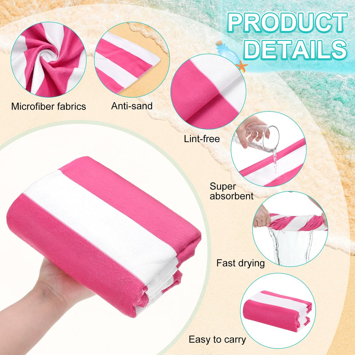 M METERXITY 4-Pack Large Stripe Beach Towels 30x60in Rose Red