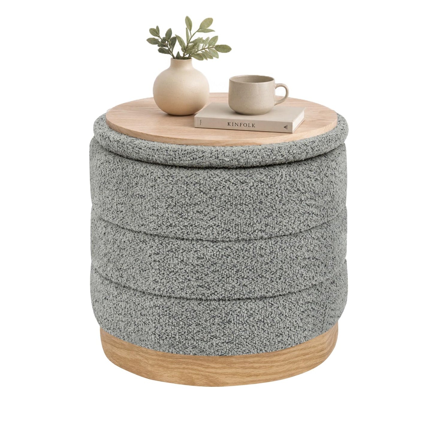 Bonlife Round Chenille Storage Ottoman, Folding Footstool with Table Top,39x39x37cm, Load Capacity 120kg, for Living Room Bedroom Hallway