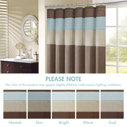 Madison Park Bathroom Shower Faux Silk Pieced Striped Modern Microfiber Bath Curtains, Polyester, Blue, 72" W x 72" L (Pack of 1)