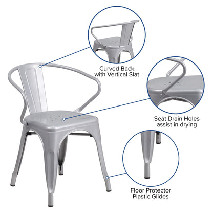 Flash Furniture Roy Commercial Grade 4 Pack Silver Metal Indoor-Outdoor Chair with Arms