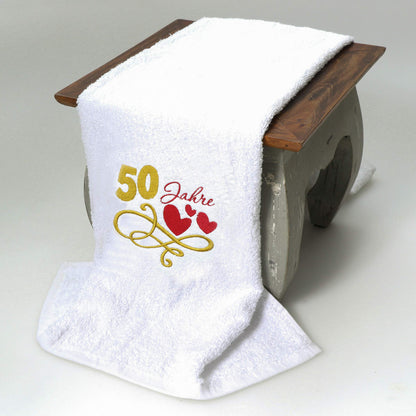 Gift Towel for 50th Birthday with Embroidered Hearts and 50 Years for Women and Ladies - 50th Anniversary Gift Idea