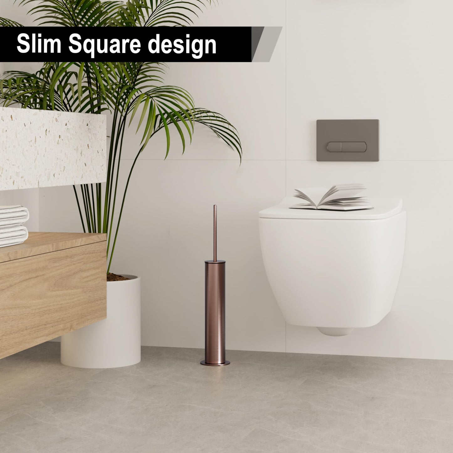 BVL Toilet Brush Rose Gold, Metal Toilet Brush Including 2 Brush Heads, Slim Design Toilet Brush Round for the Bathroom