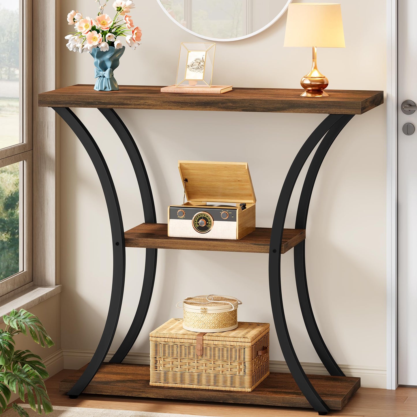 Hoctieon 3 Tier Console Table with Open Wood Shelves, Decorative Entryway Table with Curved Metal Frames, Narrow Sofa Table for Entrance, Living Room