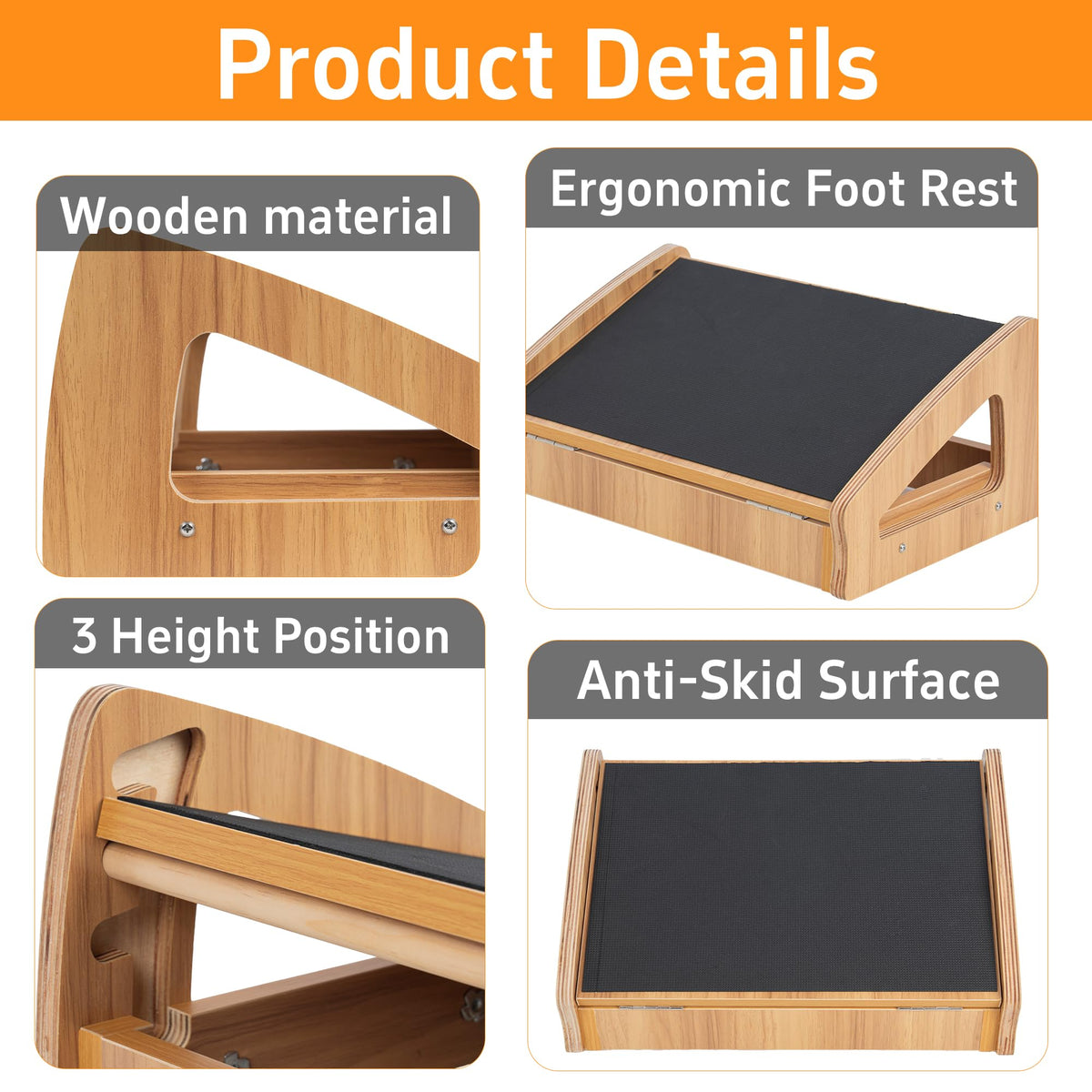 AKOZLIN Adjustable Wooden Under Desk Footrest, 4 Adjustable Heights, Anti-Slip