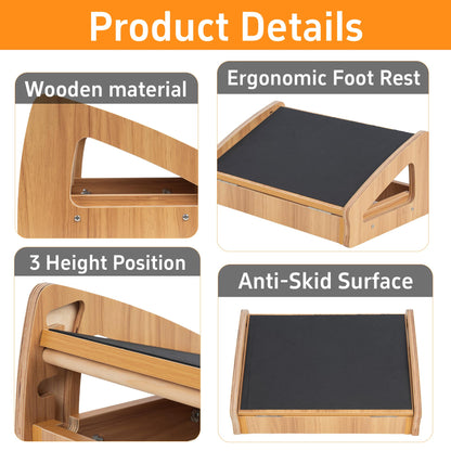 AKOZLIN Adjustable Wooden Under Desk Footrest, 4 Adjustable Heights, Anti-Slip